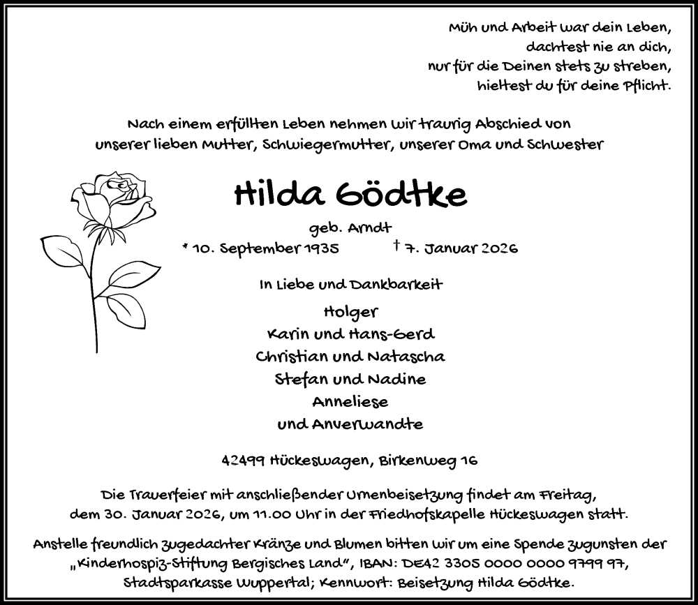  Traueranzeige für Hilda Gödtke vom 24.01.2026 aus Rheinische Post