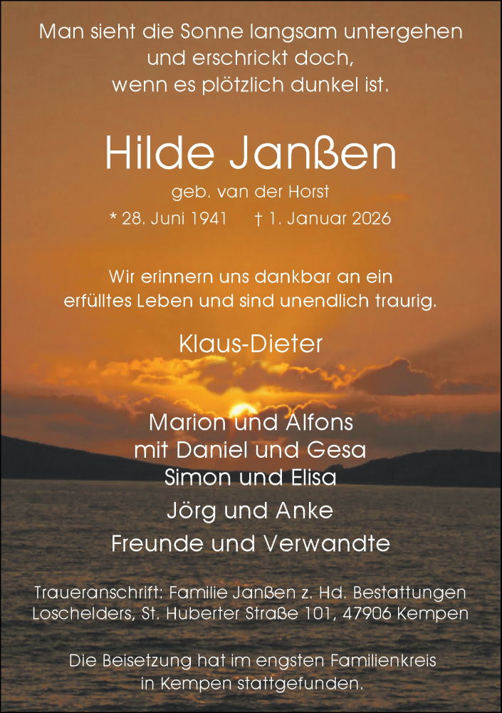  Traueranzeige für Hilde Janßen vom 24.01.2026 aus Rheinische Post