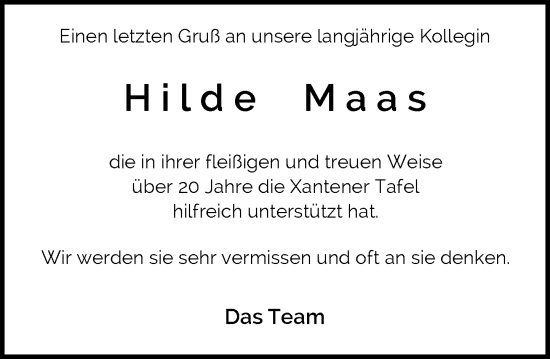 Traueranzeige von Hilde Maas von Rheinische Post