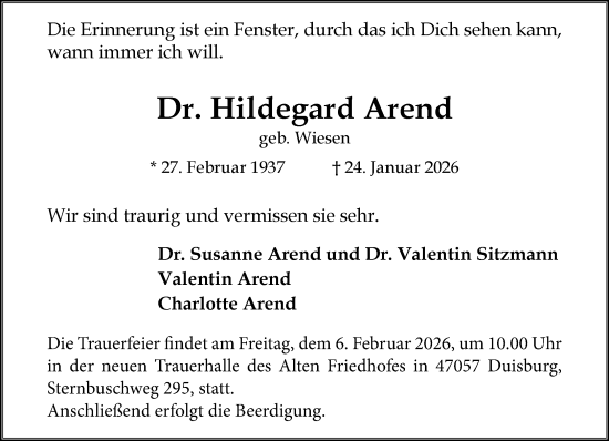 Traueranzeige von Hildegard Arend von Rheinische Post