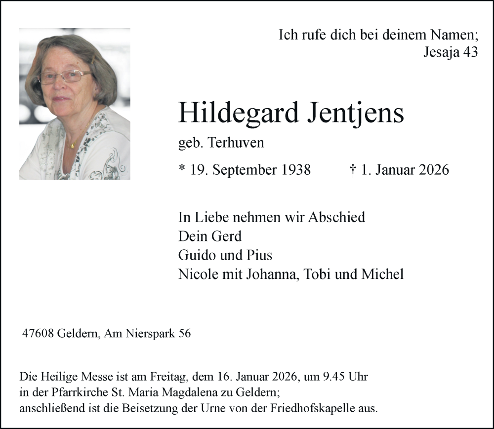  Traueranzeige für Hildegard Jentjens vom 10.01.2026 aus Rheinische Post