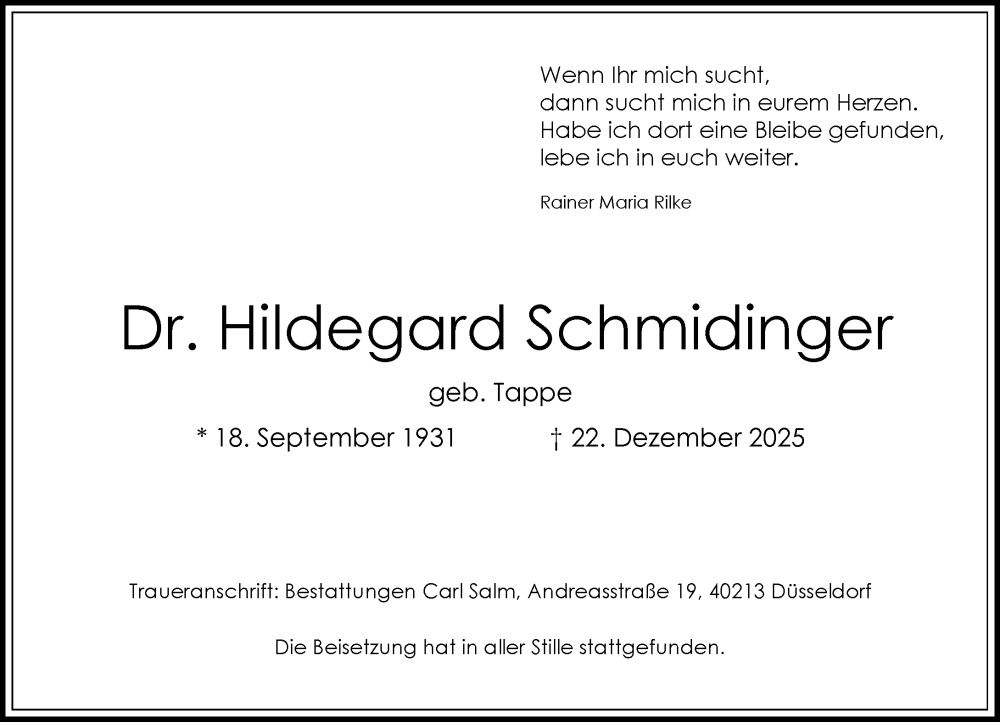  Traueranzeige für Hildegard Schmidinger vom 31.01.2026 aus Rheinische Post