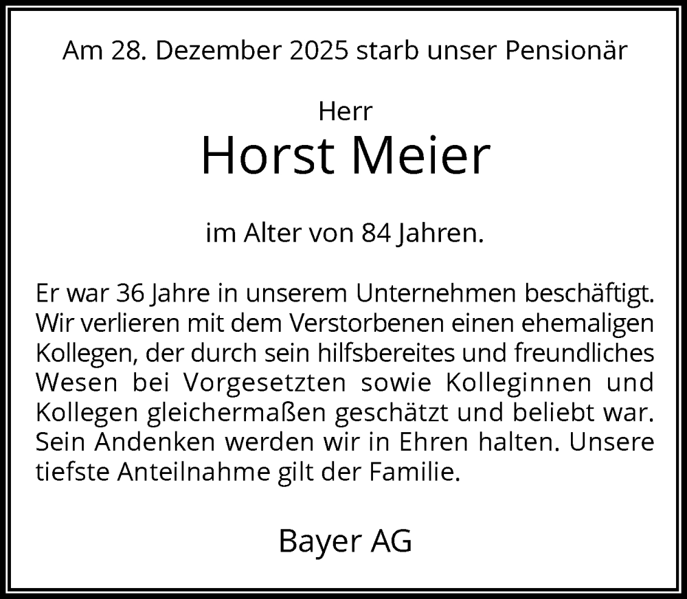  Traueranzeige für Horst Meier vom 17.01.2026 aus Rheinische Post