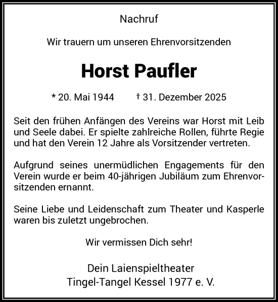 Traueranzeige von Horst Paufler von Rheinische Post