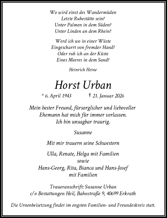 Traueranzeige von Horst Urban von Rheinische Post