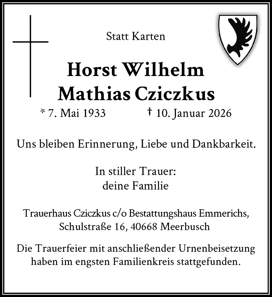  Traueranzeige für Horst Wilhelm Mathias Cziczkus vom 14.02.2026 aus Rheinische Post