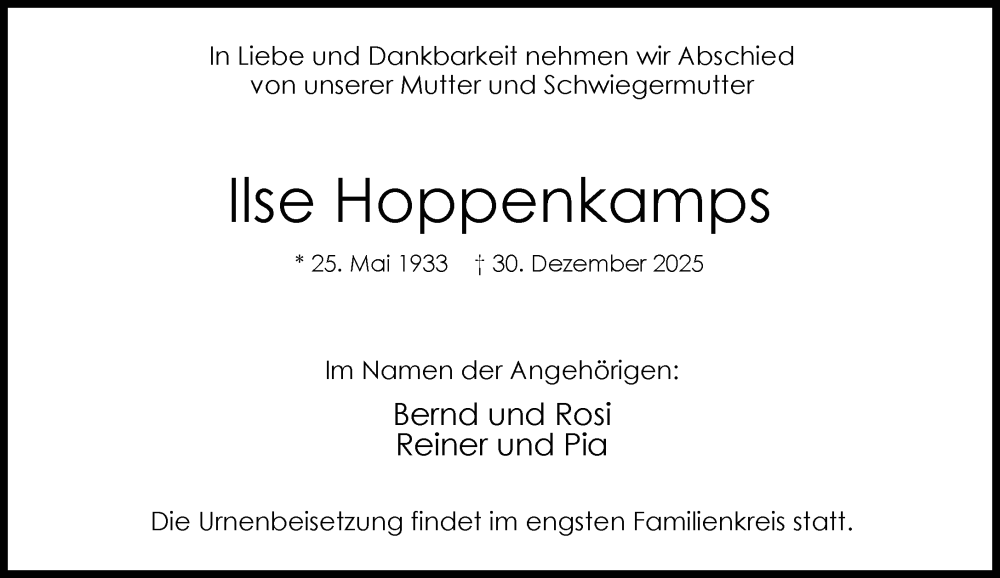  Traueranzeige für Ilse Hoppenkamps vom 10.01.2026 aus Rheinische Post
