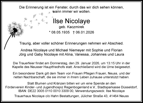 Traueranzeige von Ilse Nicolaye von Rheinische Post