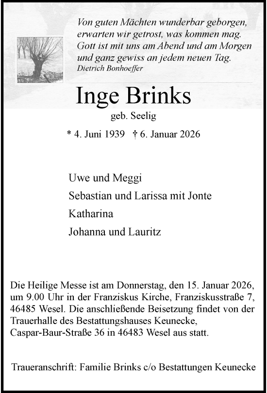 Traueranzeige von Inge Brinks von Rheinische Post