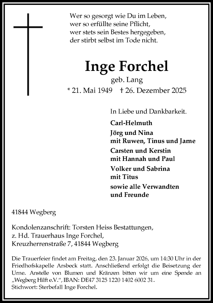  Traueranzeige für Inge Forchel vom 17.01.2026 aus Rheinische Post