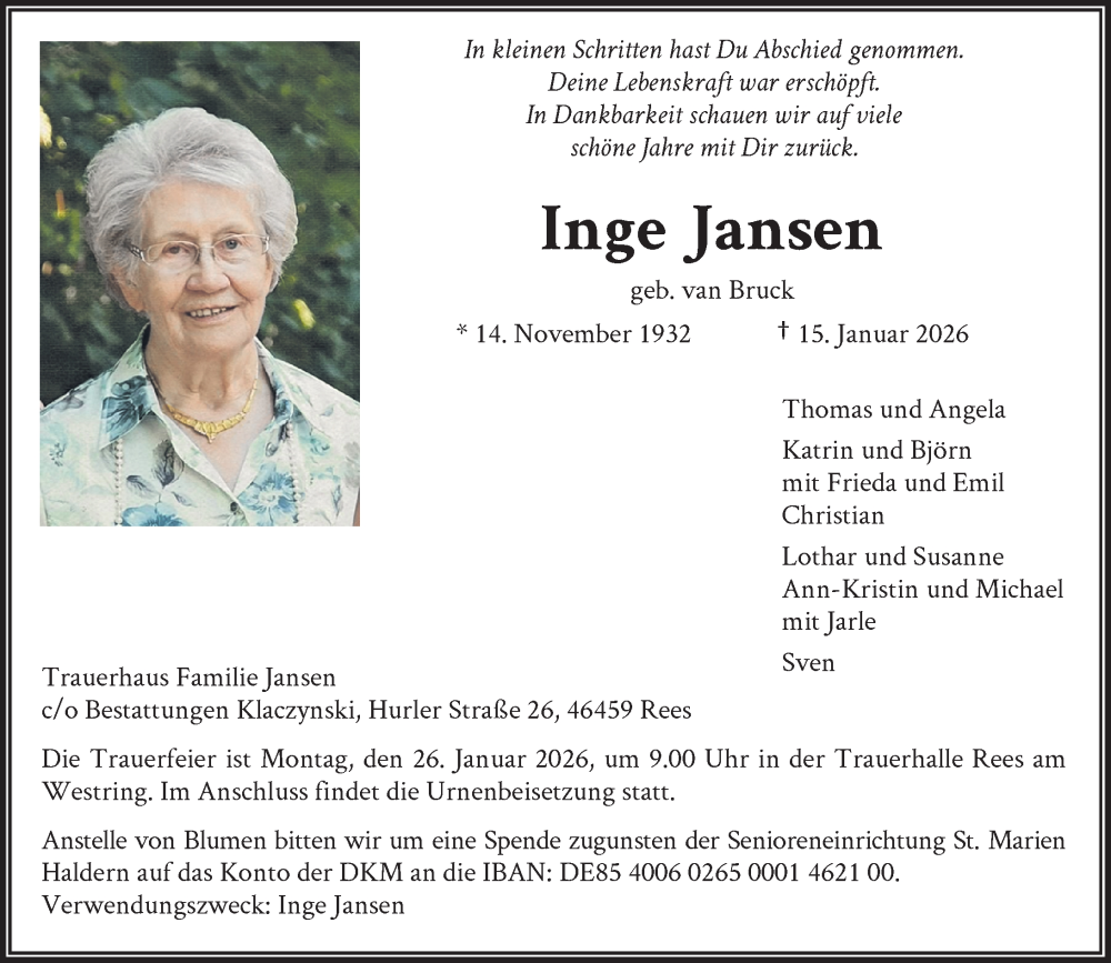 Traueranzeige für Inge Jansen vom 21.01.2026 aus Rheinische Post