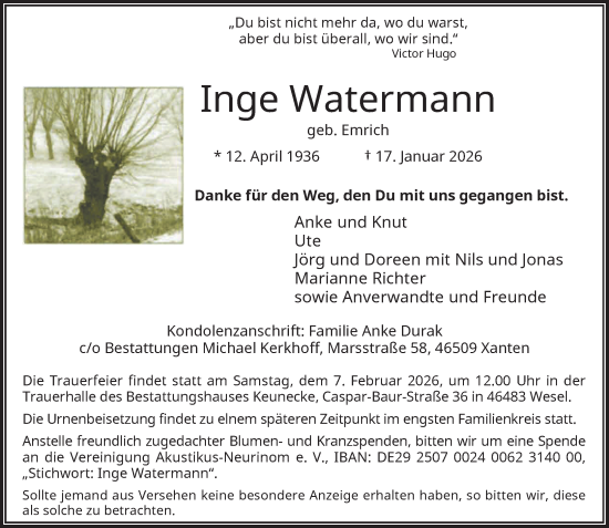 Traueranzeige von Inge Watermann von Rheinische Post