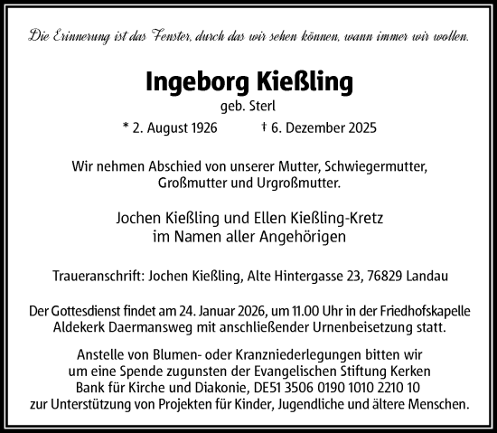 Traueranzeige von Ingeborg Kießling von Rheinische Post
