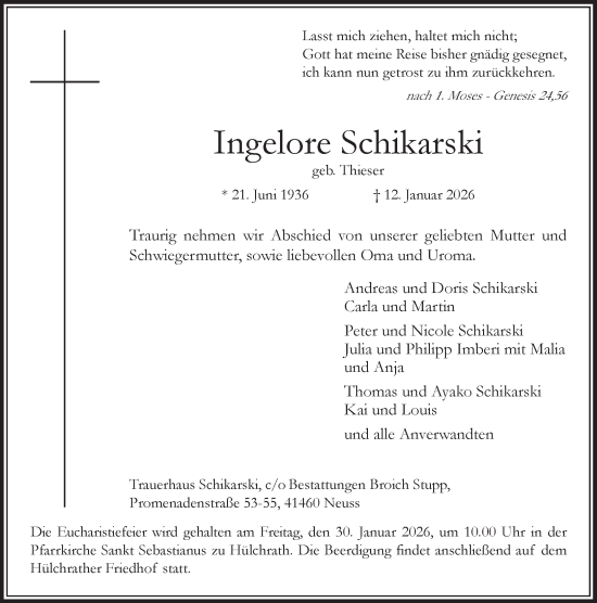 Traueranzeige von Ingelore Schikarski von Rheinische Post