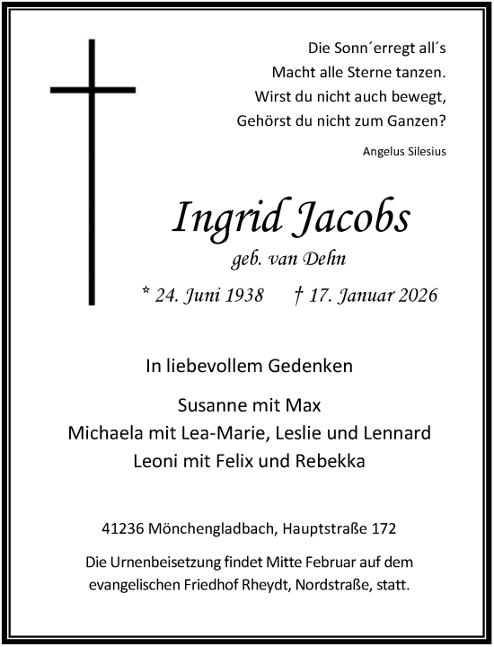 Traueranzeige von Ingrid Jacobs von Rheinische Post