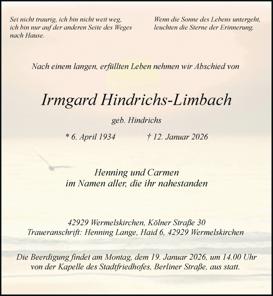  Traueranzeige für Irmgard Hindrichs-Limbach vom 17.01.2026 aus Rheinische Post