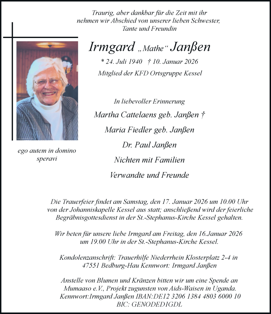  Traueranzeige für Irmgard Janßen vom 14.01.2026 aus Rheinische Post