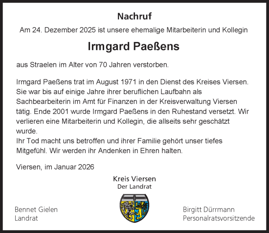 Traueranzeige von Irmgard Paeßens von Rheinische Post