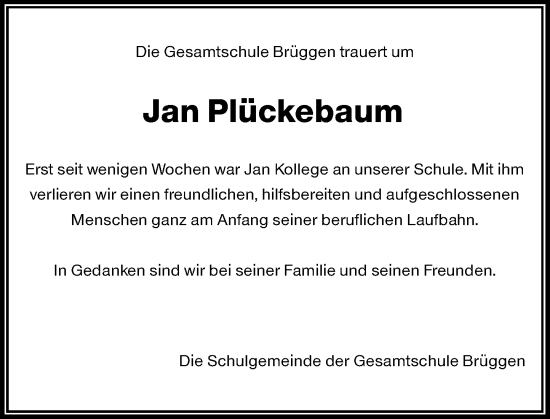 Traueranzeige von Jan Plückebaum von Rheinische Post