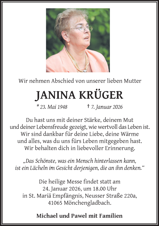 Traueranzeige von Janina Krüger von Rheinische Post