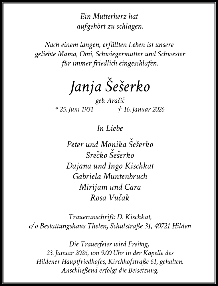 Traueranzeige für Janja Seserko vom 21.01.2026 aus Rheinische Post