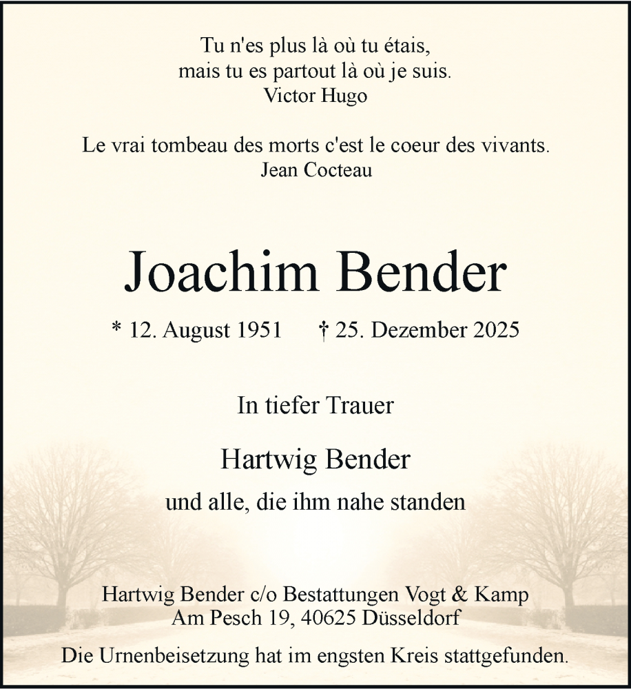  Traueranzeige für Joachim Bender vom 07.02.2026 aus Rheinische Post