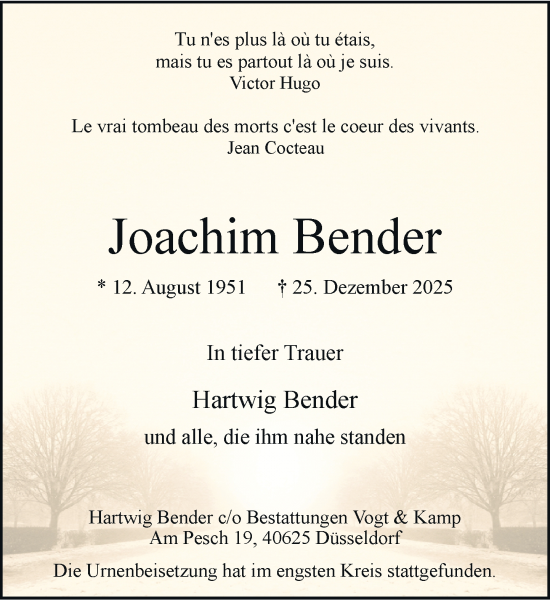 Traueranzeige von Joachim Bender von Rheinische Post