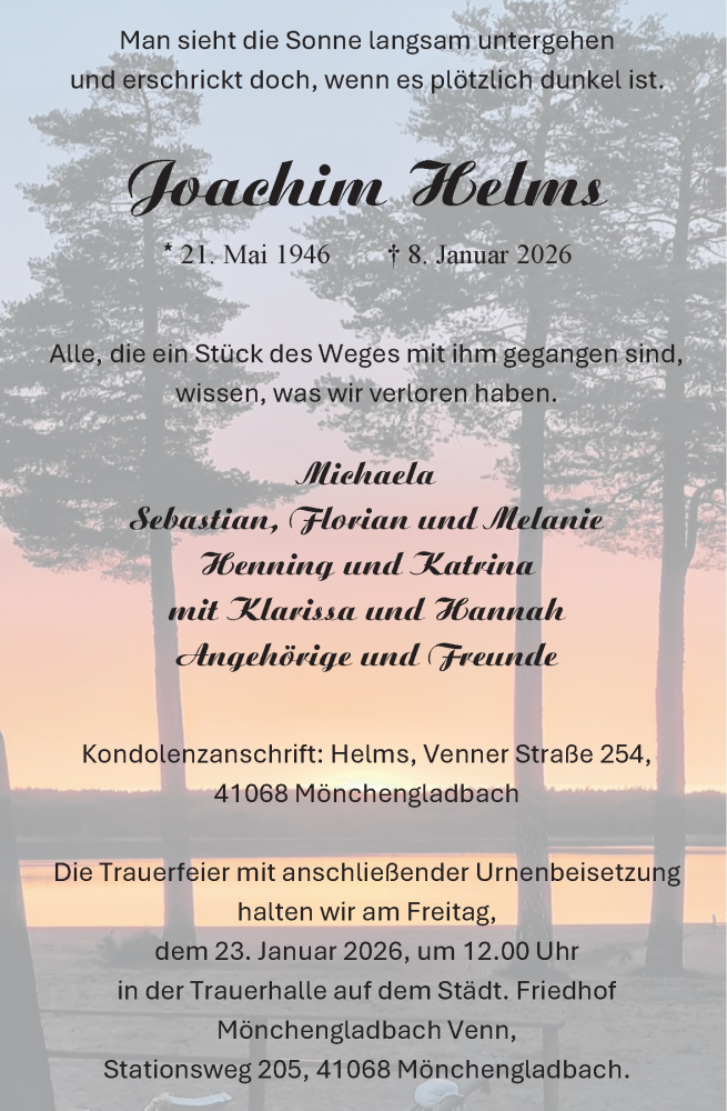  Traueranzeige für Joachim Helms vom 17.01.2026 aus Rheinische Post