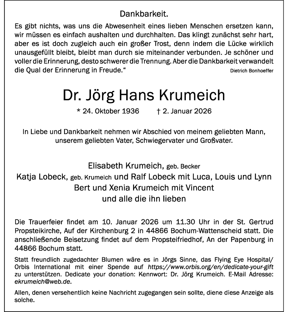  Traueranzeige für Jörg Hans Krumeich vom 07.01.2026 aus Rheinische Post