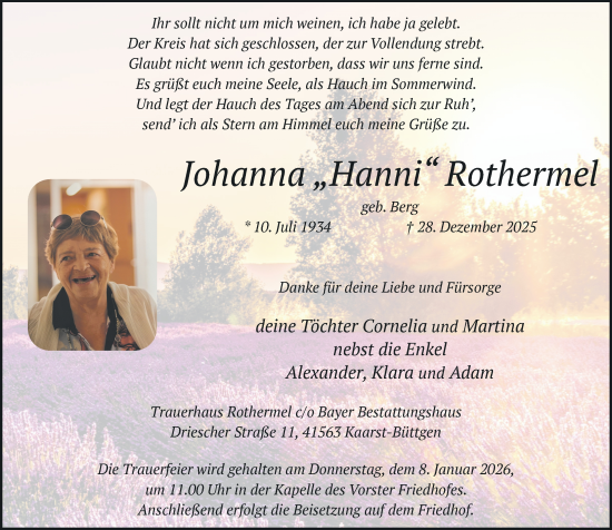 Traueranzeige von Johanna Rothermel von Rheinische Post