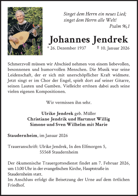 Traueranzeige von Johannes Jendrek von Rheinische Post