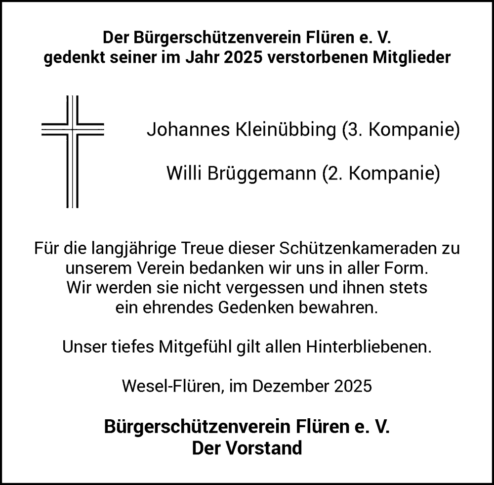  Traueranzeige für Johannes Kleinübbing vom 06.01.2026 aus Rheinische Post