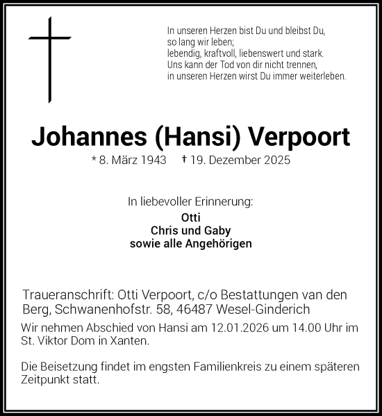Traueranzeige von Johannes Verpoort von Rheinische Post