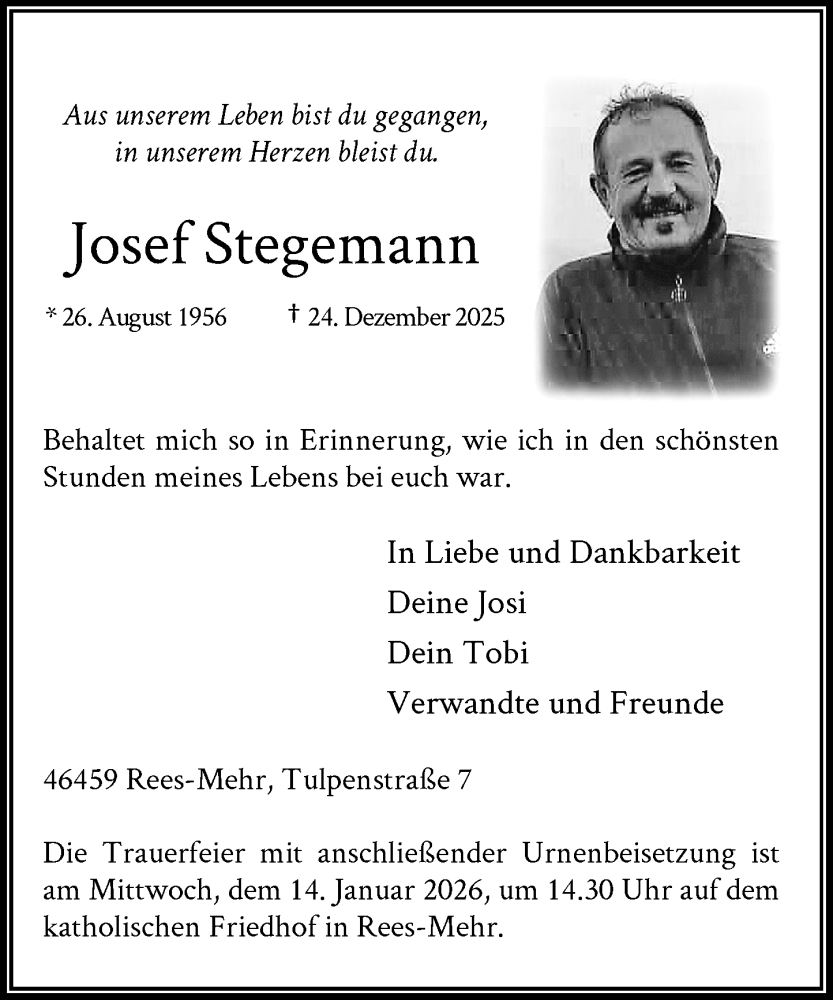  Traueranzeige für Josef Stegemann vom 09.01.2026 aus Rheinische Post