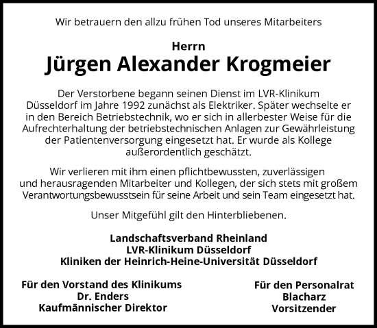 Traueranzeige von Jürgen Alexander Krogmeier von Rheinische Post