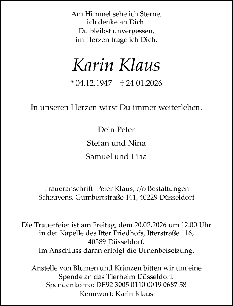  Traueranzeige für Karin Klaus vom 31.01.2026 aus Rheinische Post