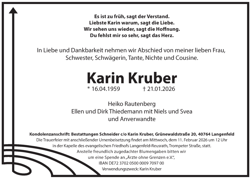 Traueranzeige für Karin Kruber vom 31.01.2026 aus Rheinische Post