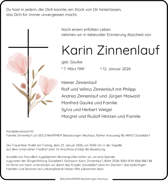 Traueranzeige von Karin Zinnenlauf von Rheinische Post