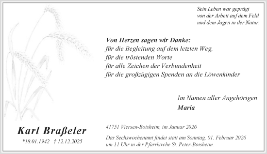 Traueranzeige von Karl Braßeler von Rheinische Post