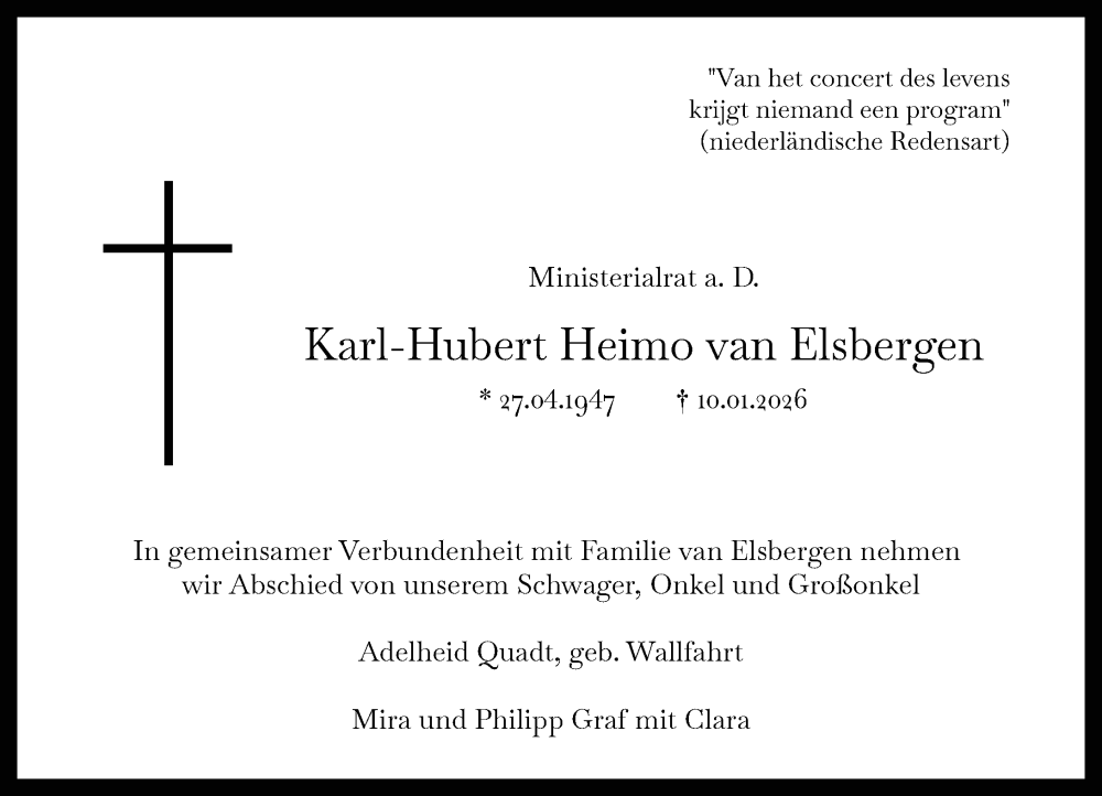  Traueranzeige für Karl-Hubert Heimo van Elsbergen vom 17.01.2026 aus Rheinische Post