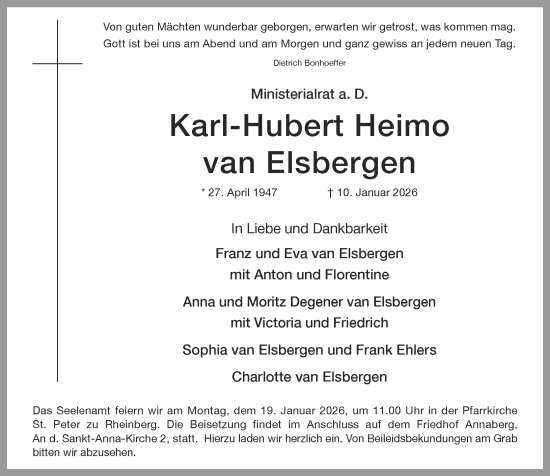 Traueranzeige von Karl-Hubert Heimo van Elsbergen von Rheinische Post