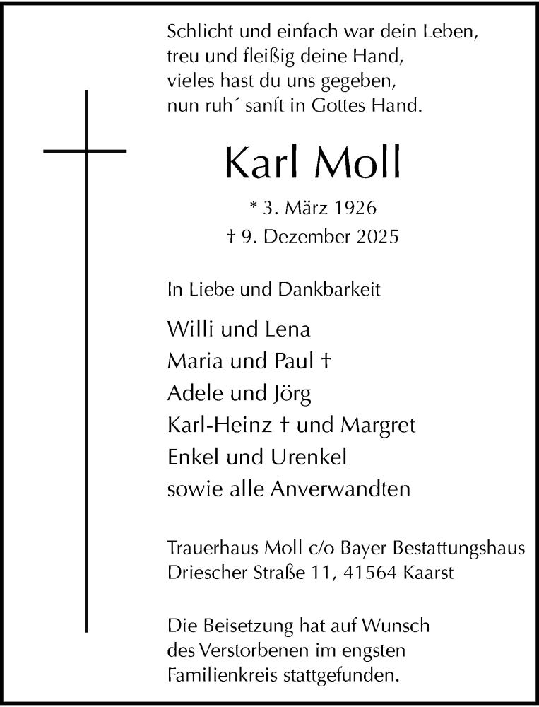  Traueranzeige für Karl Moll vom 10.01.2026 aus Rheinische Post