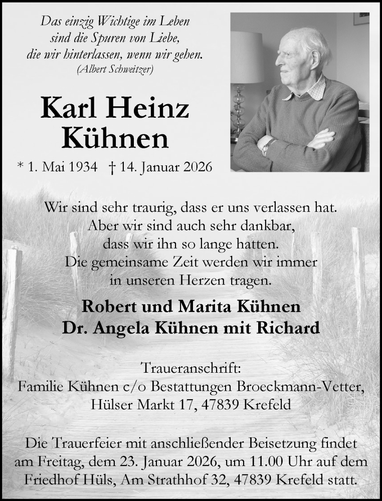  Traueranzeige für Karl Heinz Kühnen vom 17.01.2026 aus Rheinische Post