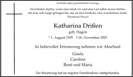 Traueranzeige von Katharina Drißen von Rheinische Post