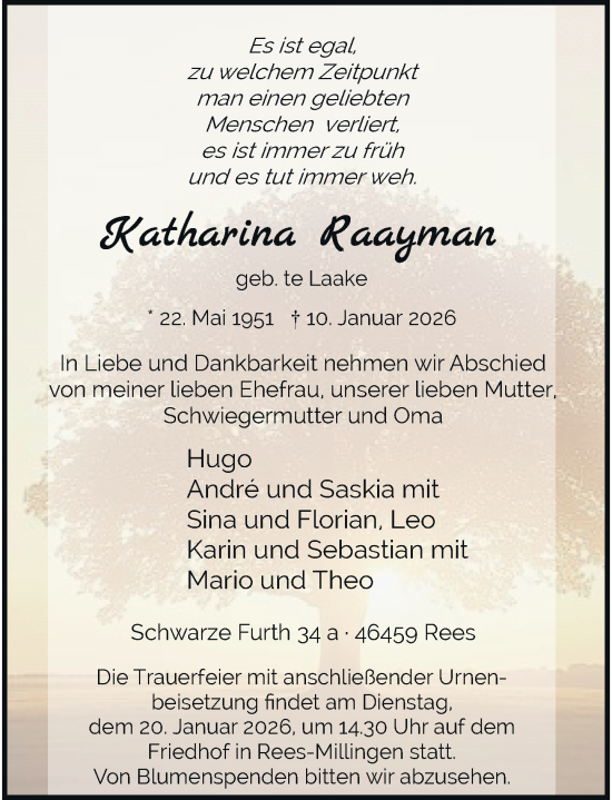 Traueranzeige von Katharina Raayman von Rheinische Post