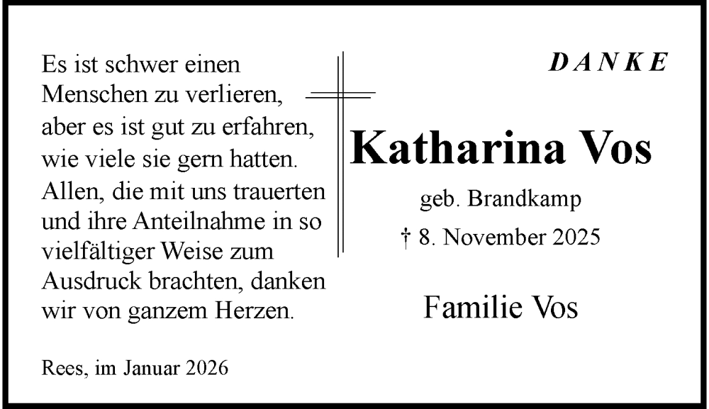  Traueranzeige für Katharina Vos vom 17.01.2026 aus Rheinische Post