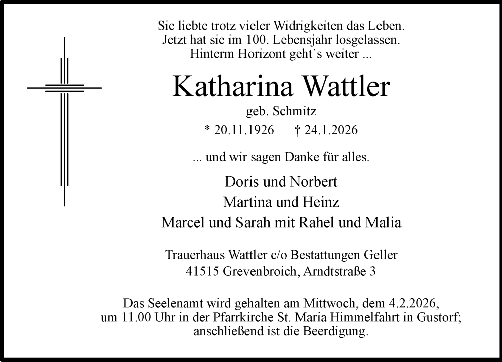  Traueranzeige für Katharina Wattler vom 28.01.2026 aus Rheinische Post