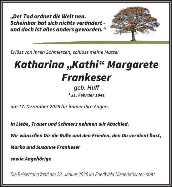 Traueranzeige von Katharina Margarete Frankeser von Rheinische Post