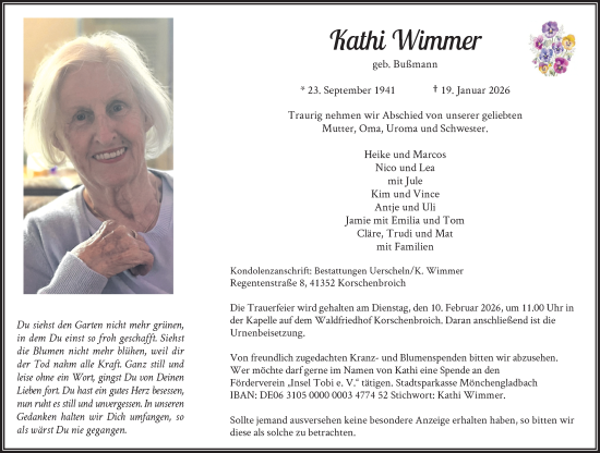 Traueranzeige von Kathi Wimmer von Rheinische Post