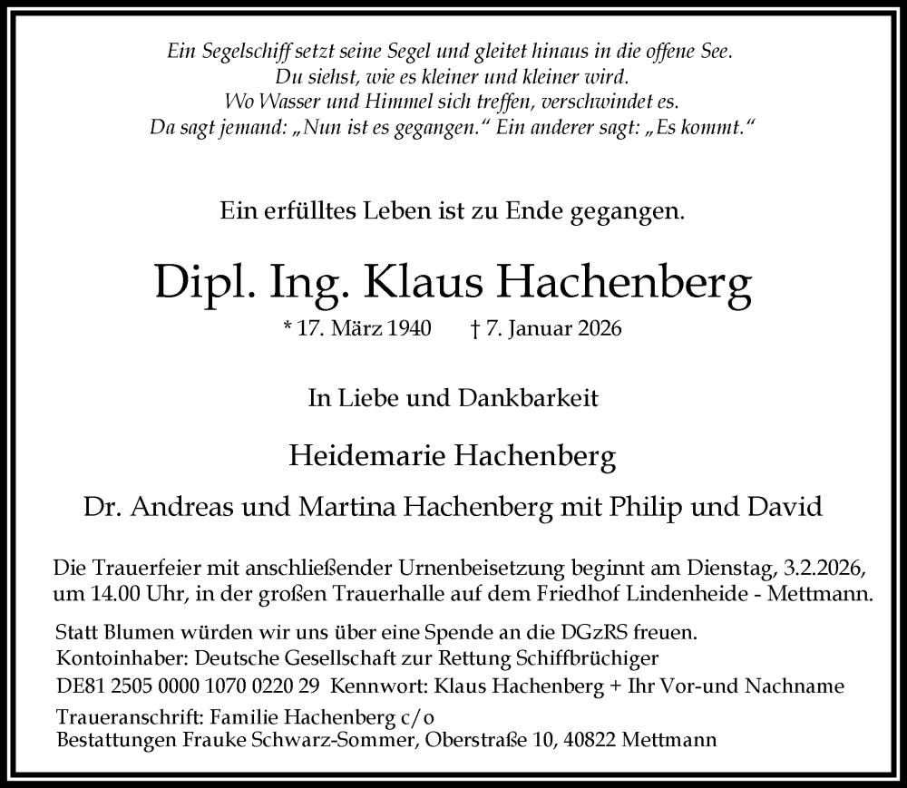  Traueranzeige für Klaus Hachenberg vom 24.01.2026 aus Rheinische Post